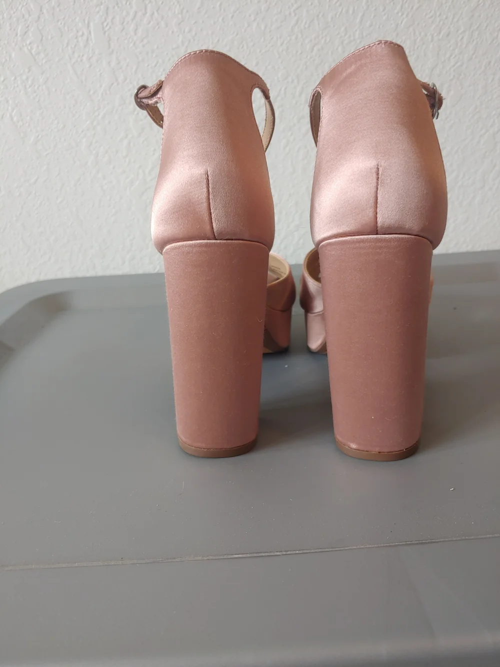 Platform Ankle-Strap Block Heels in Rose Gold